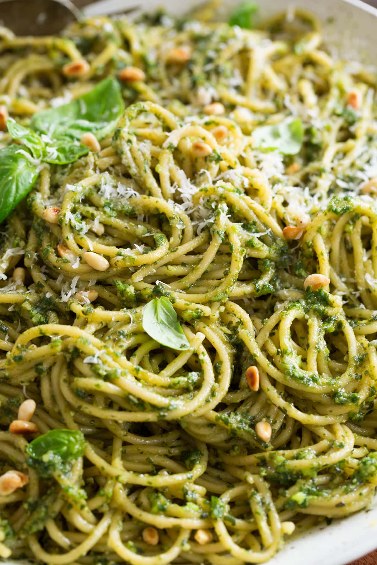 Pesto Pasta Close up photo of pesto pasta.