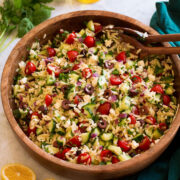Orzo salad shown from the side.