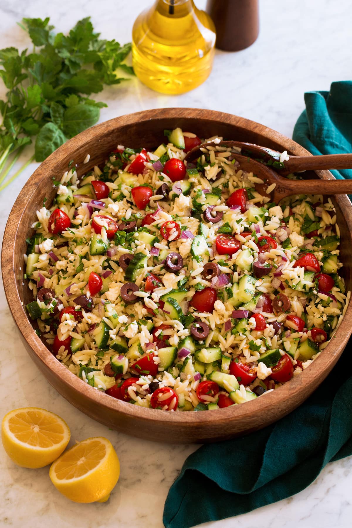 Orzo salad shown from the side.