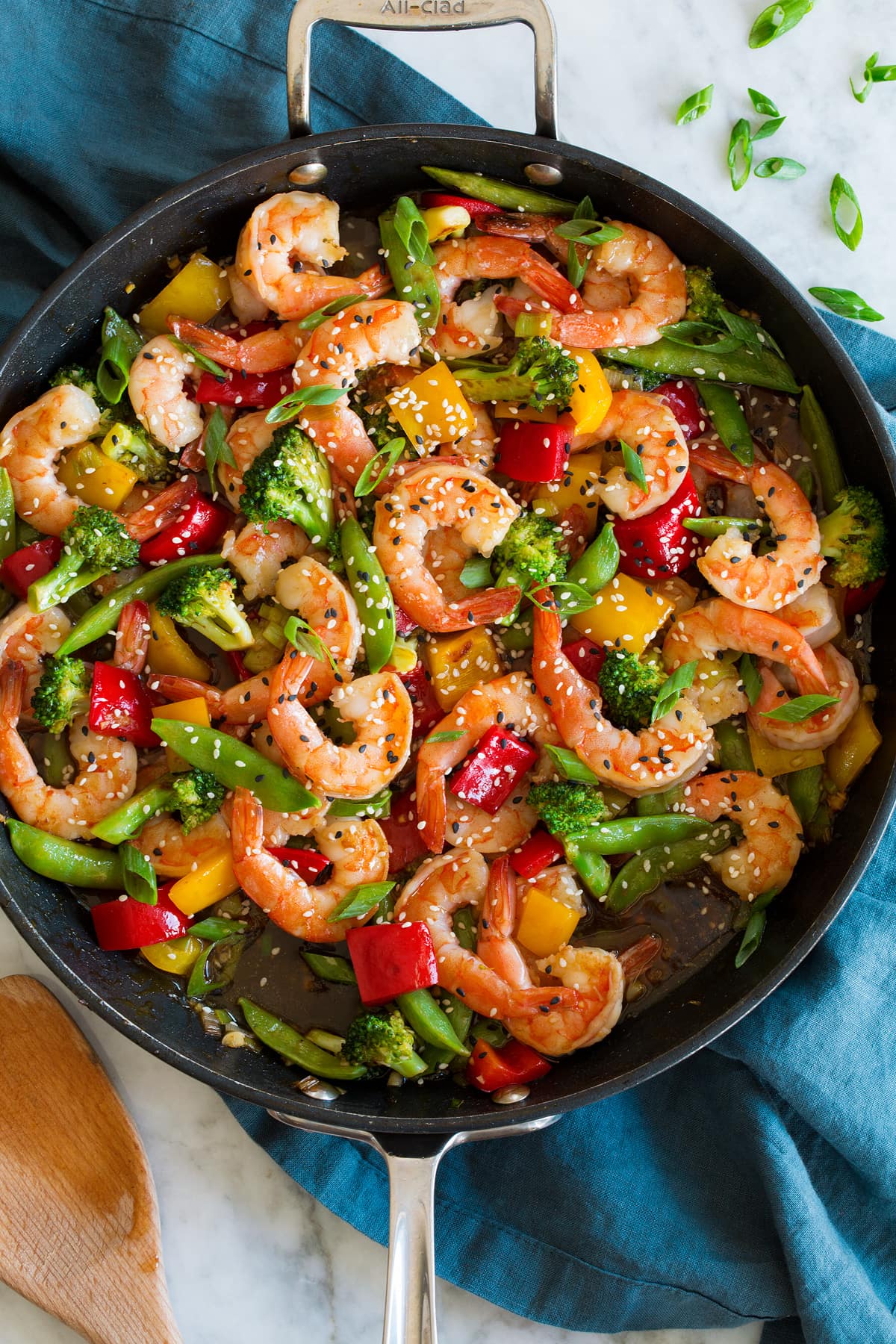 Shrimp Stir Fry Shrimp stir fry shown in a dark skillet.