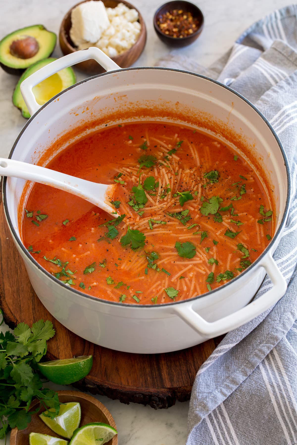 Sopa de Fideo Pot of sopa de fideo with cilantro garnish.