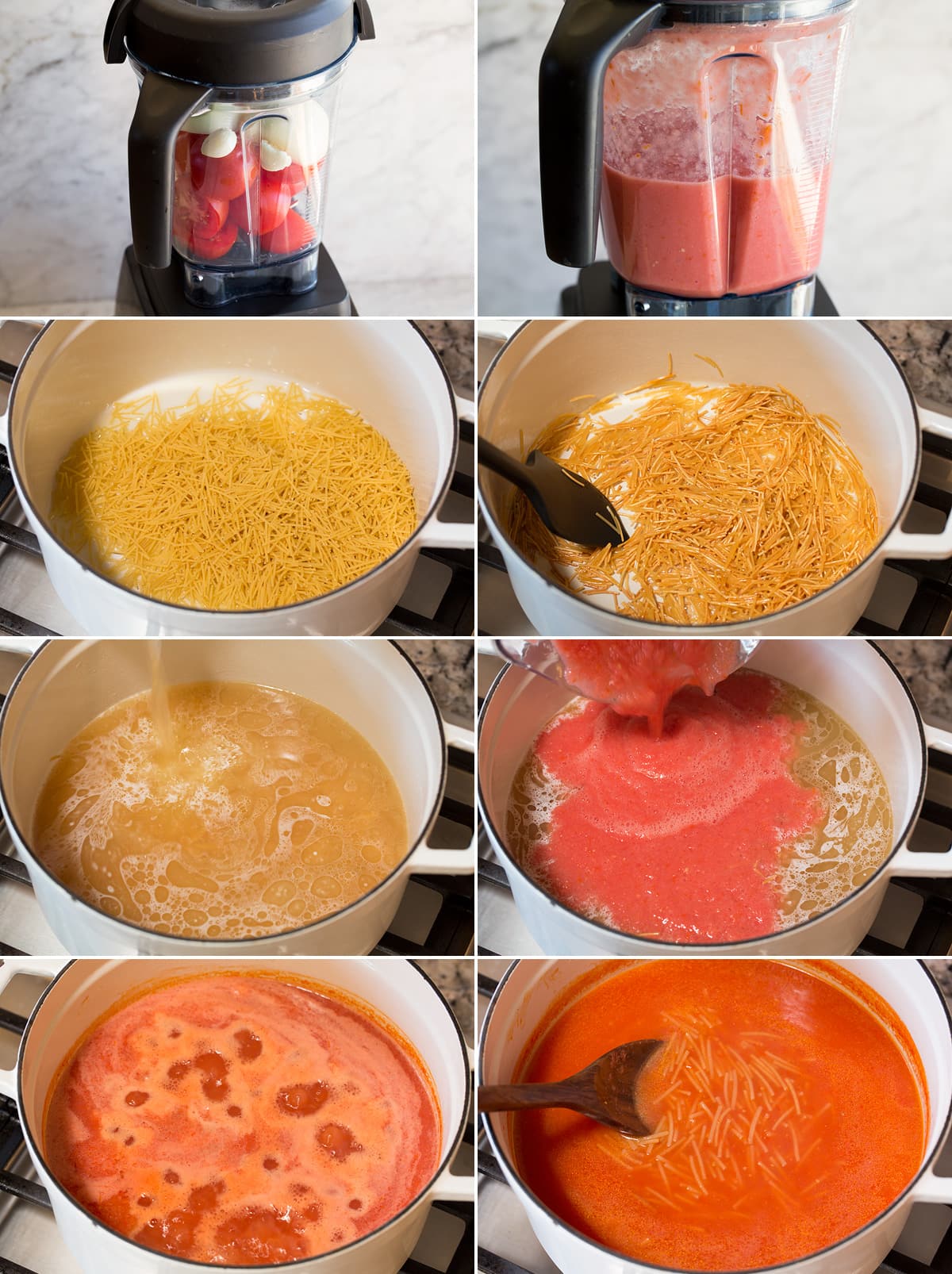 Sopa de Fideo Photos showing steps of making sopa de fideo in a blender and a pot.