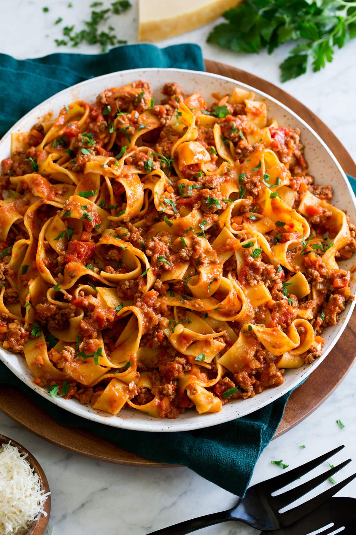 Bolognese sauce tossed with pappardelle pasta.
