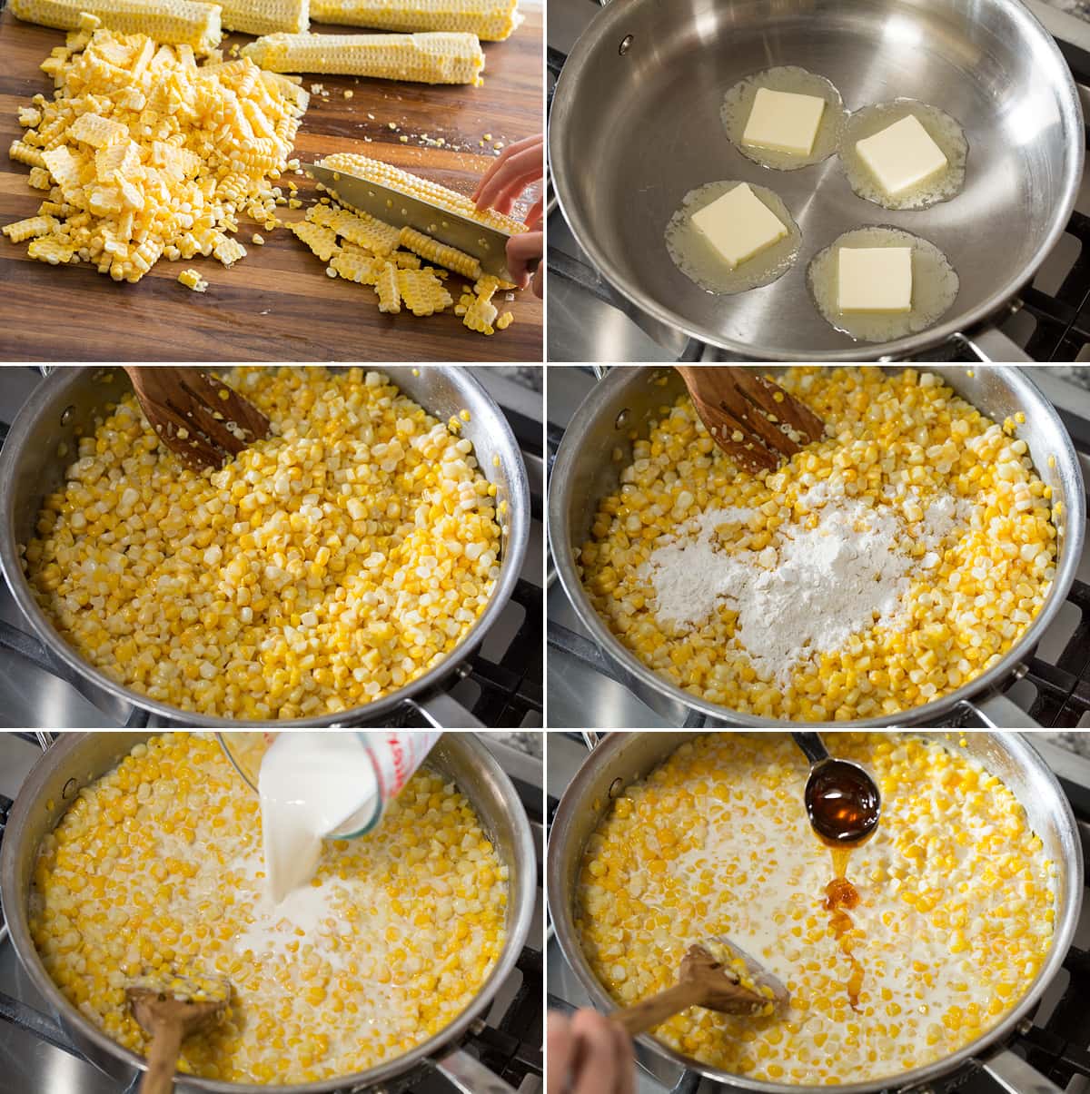Creamed Corn Collage of six photos showing steps of making creamed corn in a saute pan.