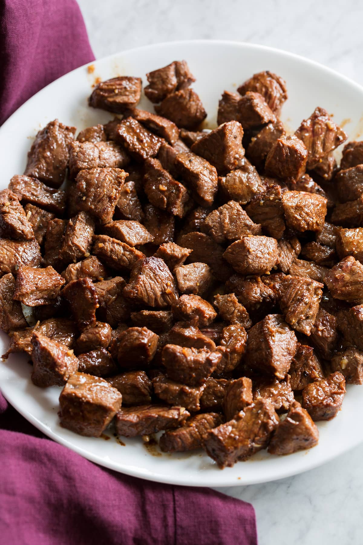 Steak Tacos Photo of marinated and seared steak pieces for tacos.