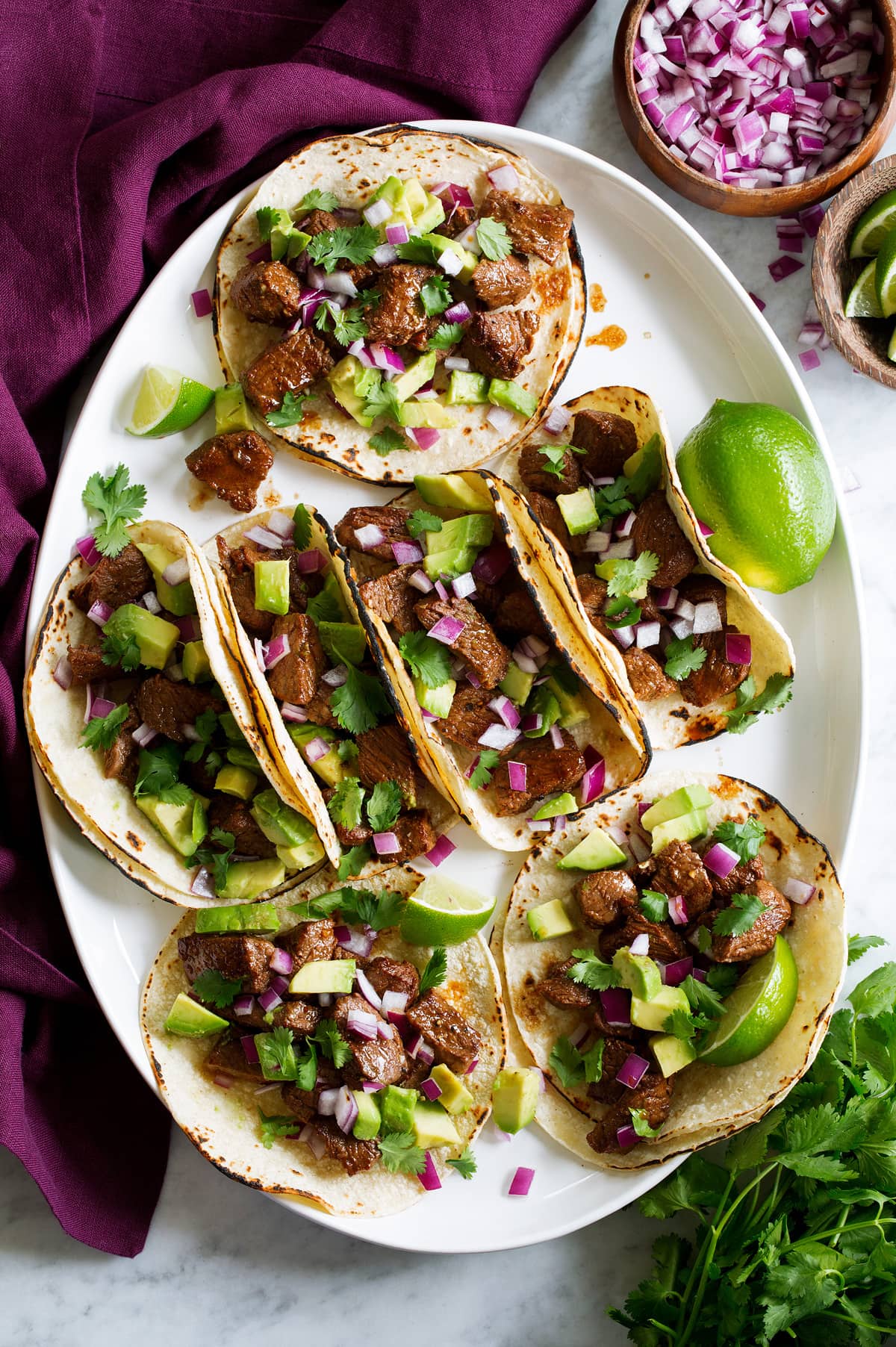 Steak Tacos Overhead photo of platter with steak tacos.