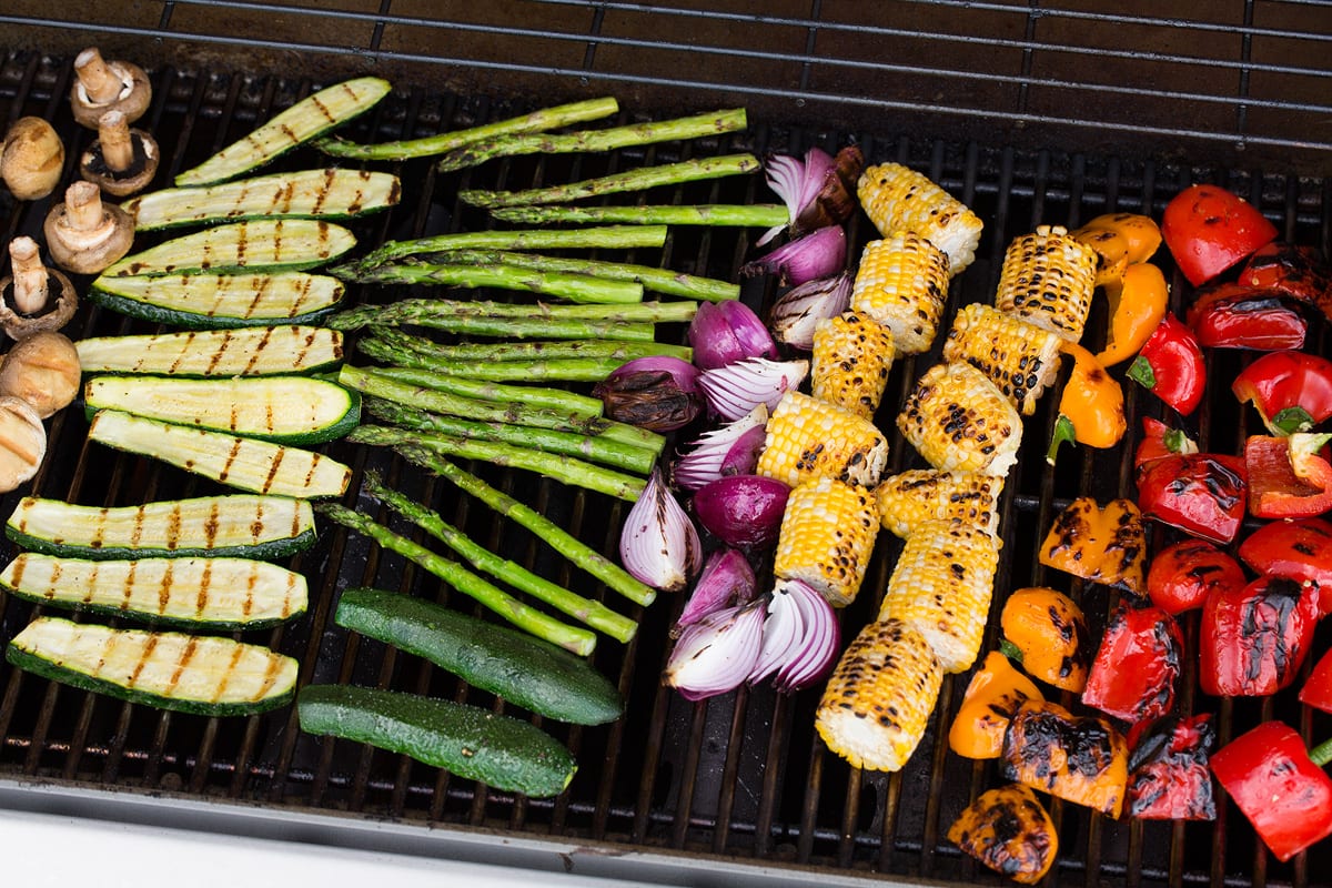 Grilled Vegetables Finished grilled vegetables shown on a gas grill.