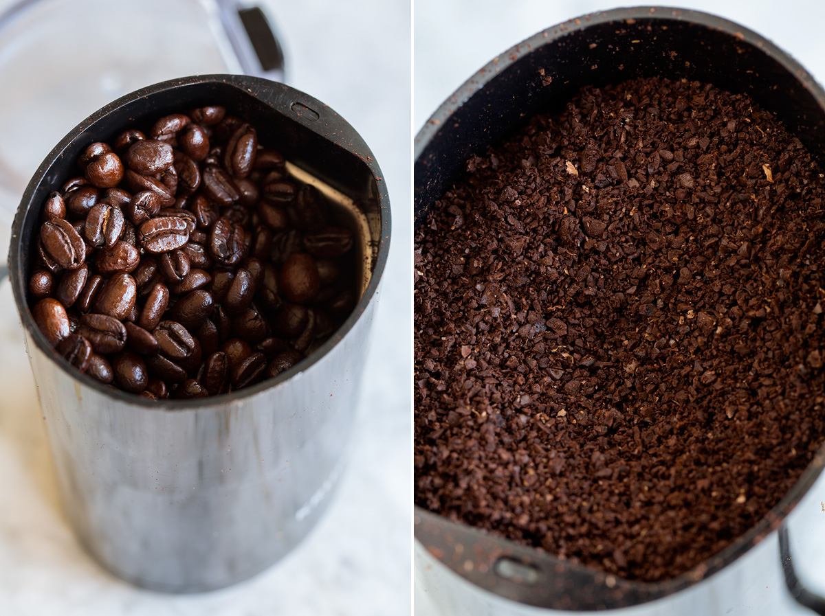 Iced Coffee Coffee beans in a coffee grinder shown before and after grinding.