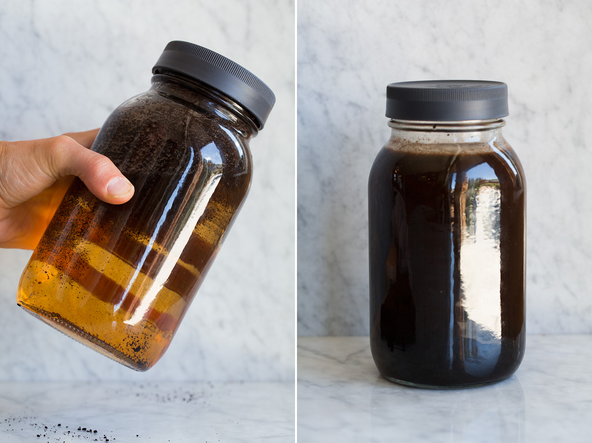 Iced Coffee Cold brown shown before mixing and after resting.