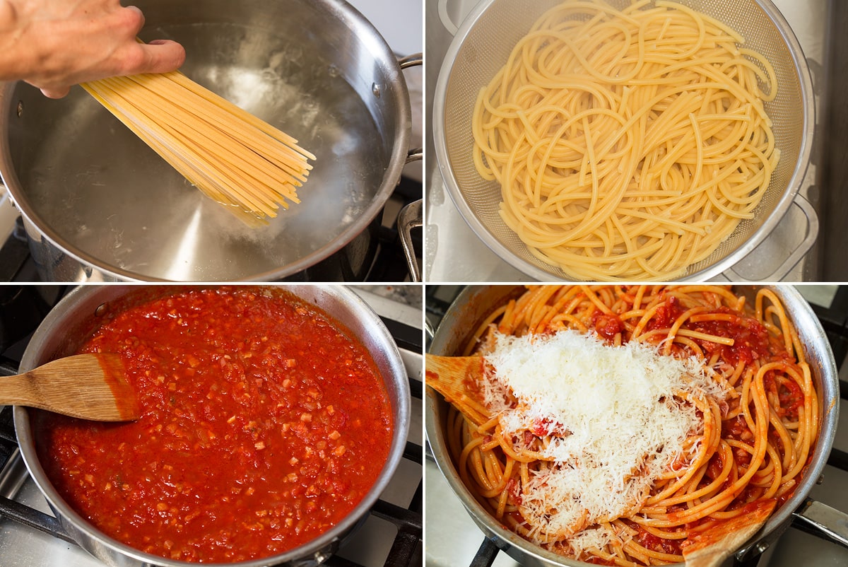 Bucatini all'Amatriciana Collage of four photos showing steps of cooking bucatini pasta in a pot and tossing with sauce and parmesan cheese.