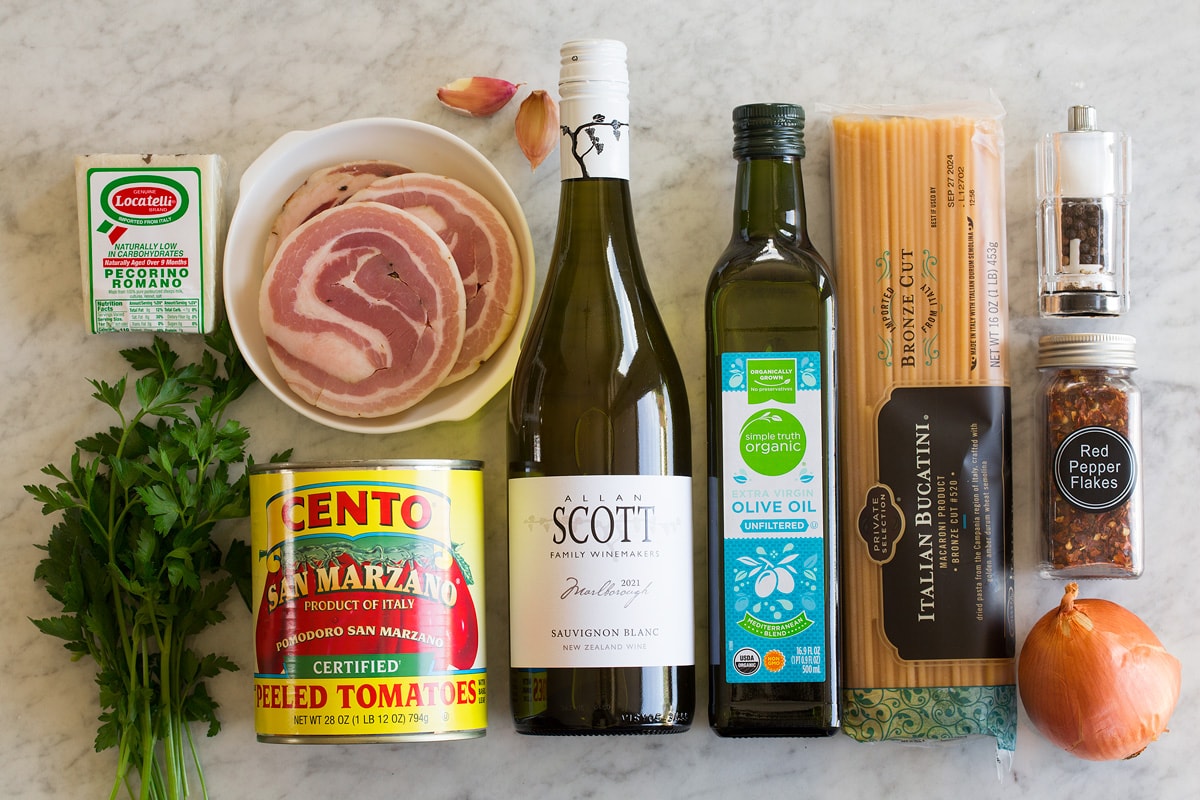 Bucatini all'Amatriciana Ingredients needed to make amatriciana.