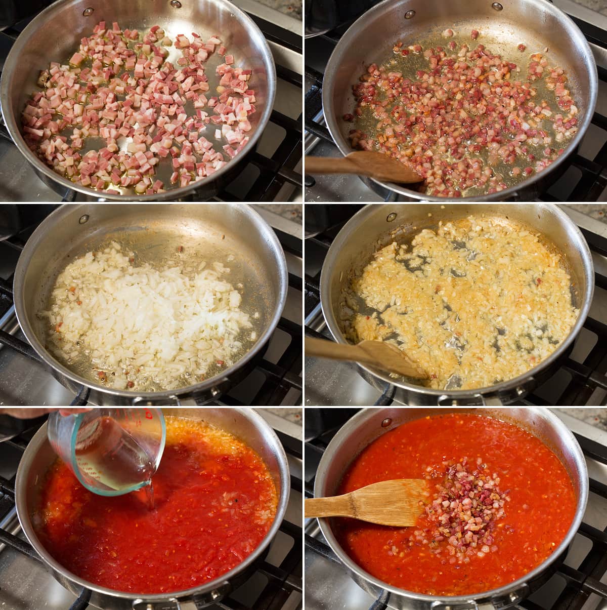 Bucatini all'Amatriciana Collage of six images making amatriciana sauce.