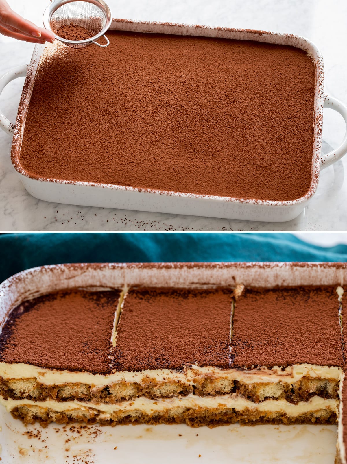 Tiramisu Finished tiramisu in a baking dish sliced into showing layers closely.