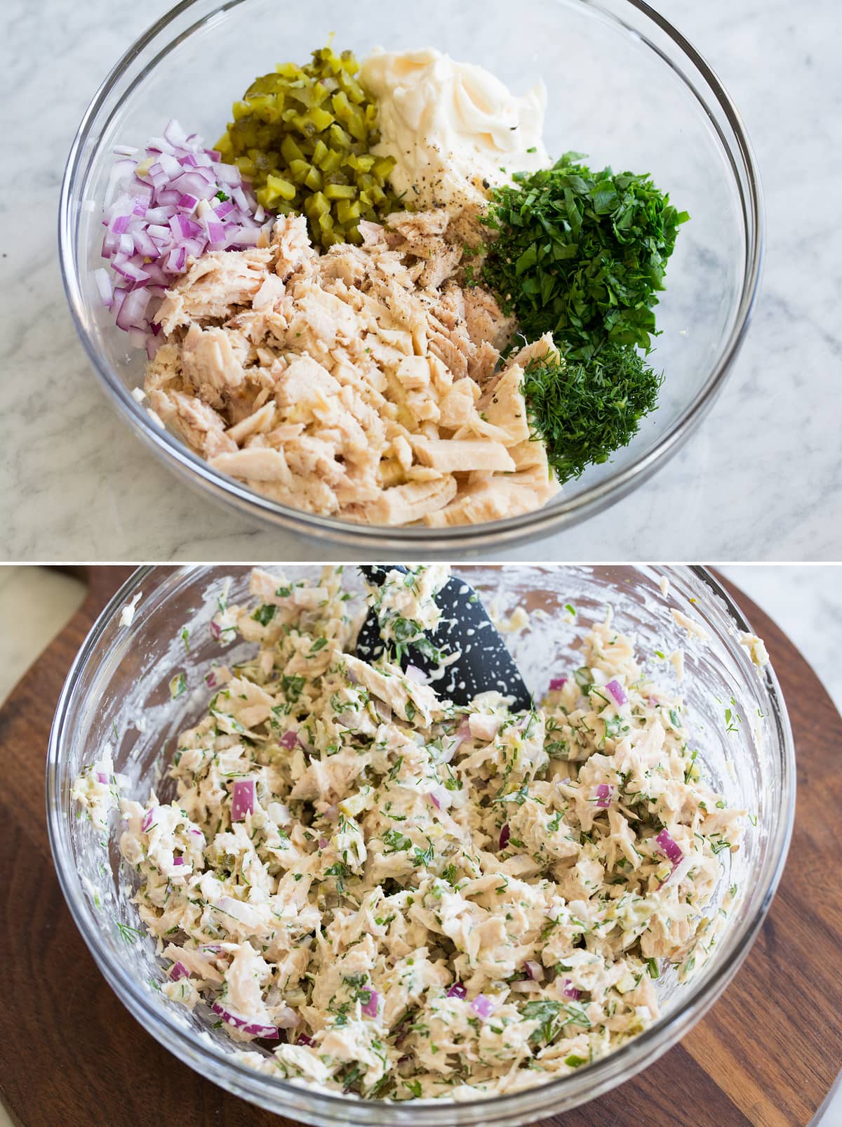 Tuna salad before and after mixing in a mixing bowl.
