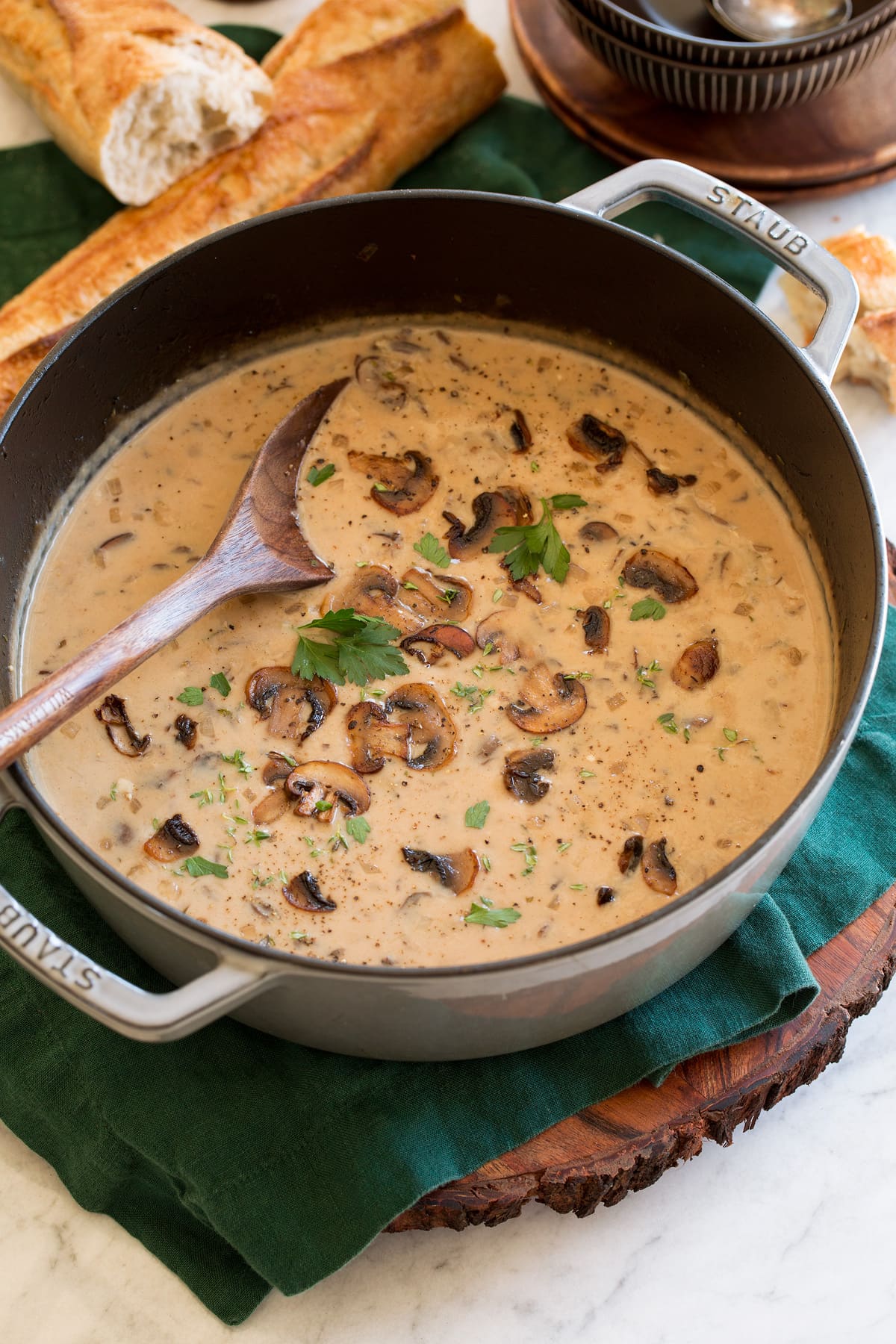 Mushroom soup in a large pot.