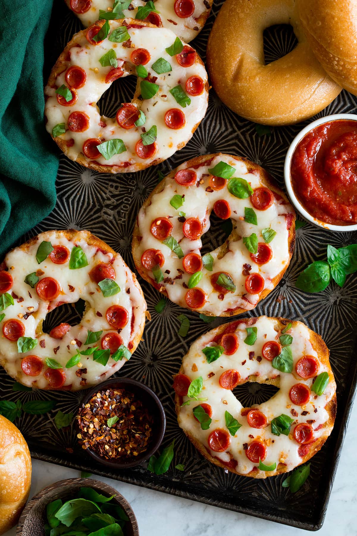 Pizza Bagels Bagel pizzas shown overhead.