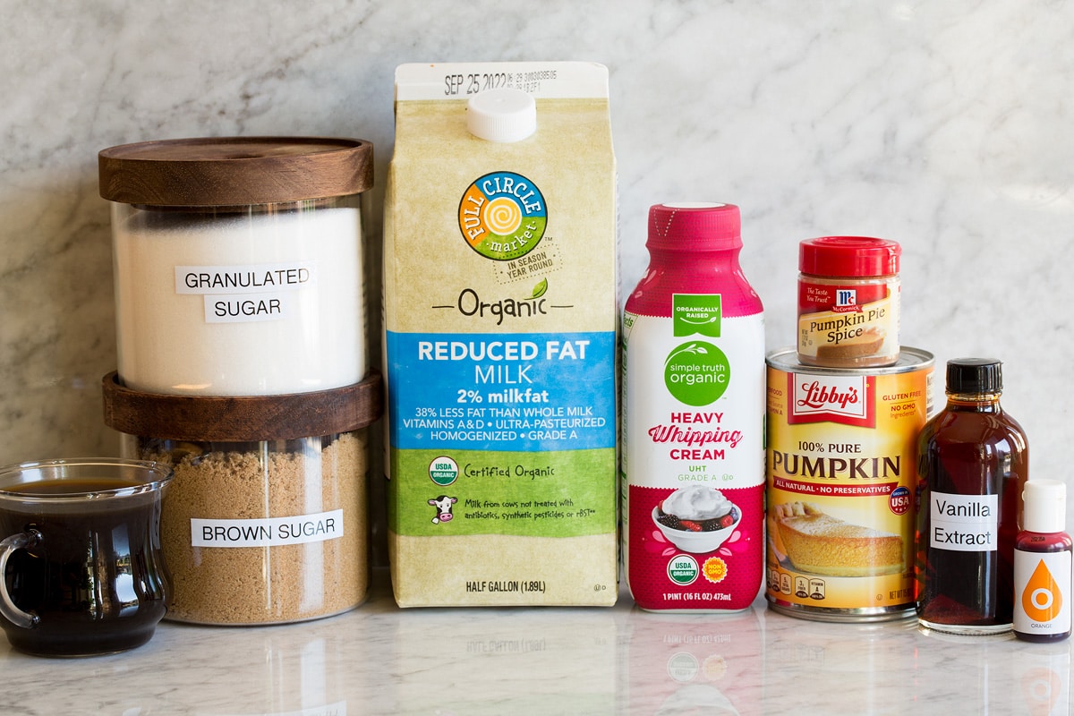 Pumpkin Spice Latte Ingredients needed to make a pumpkin spice latte.