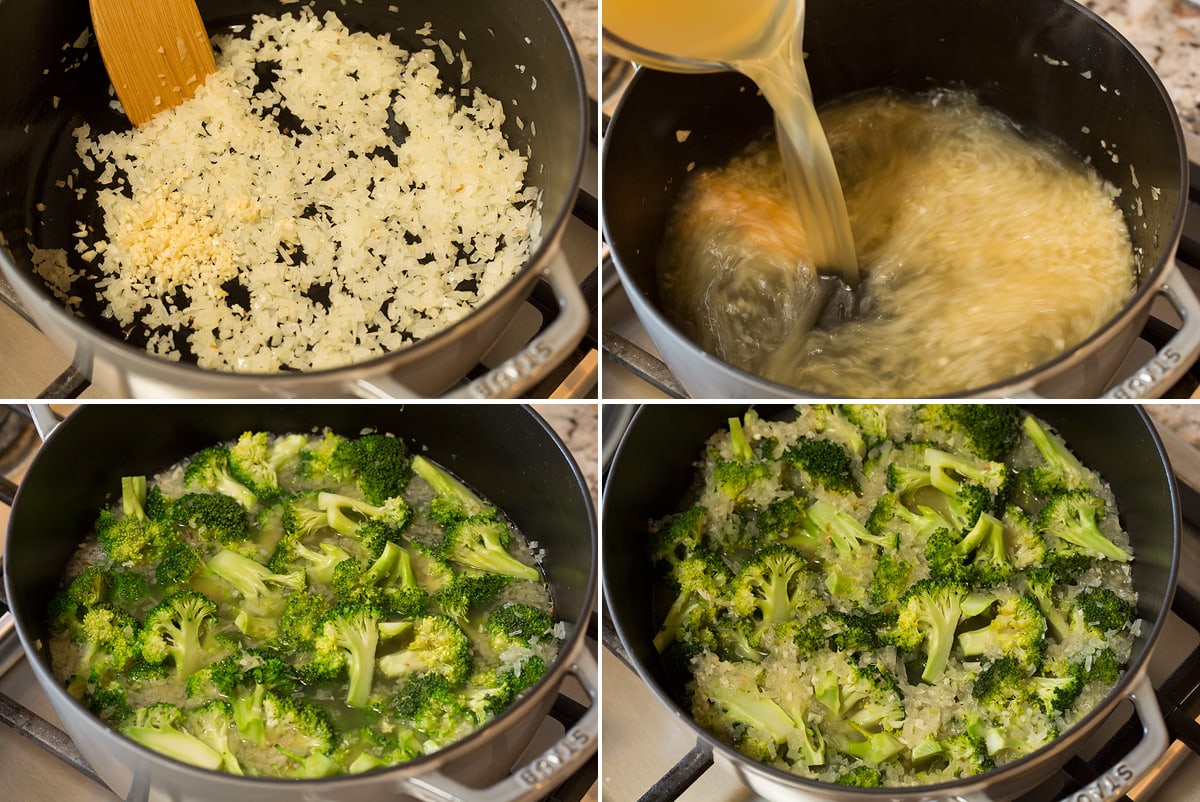 Cream of Broccoli Soup Steps of simmering broccoli soup on the stovetop in a pot.