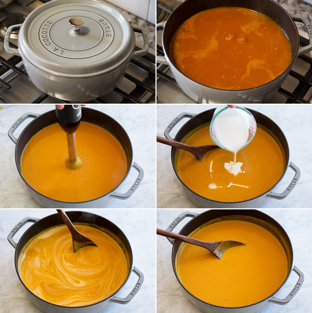 Pumpkin Soup Six photos showing soup being simmered, then pureed with immersion blender, then heavy cream stirred in.