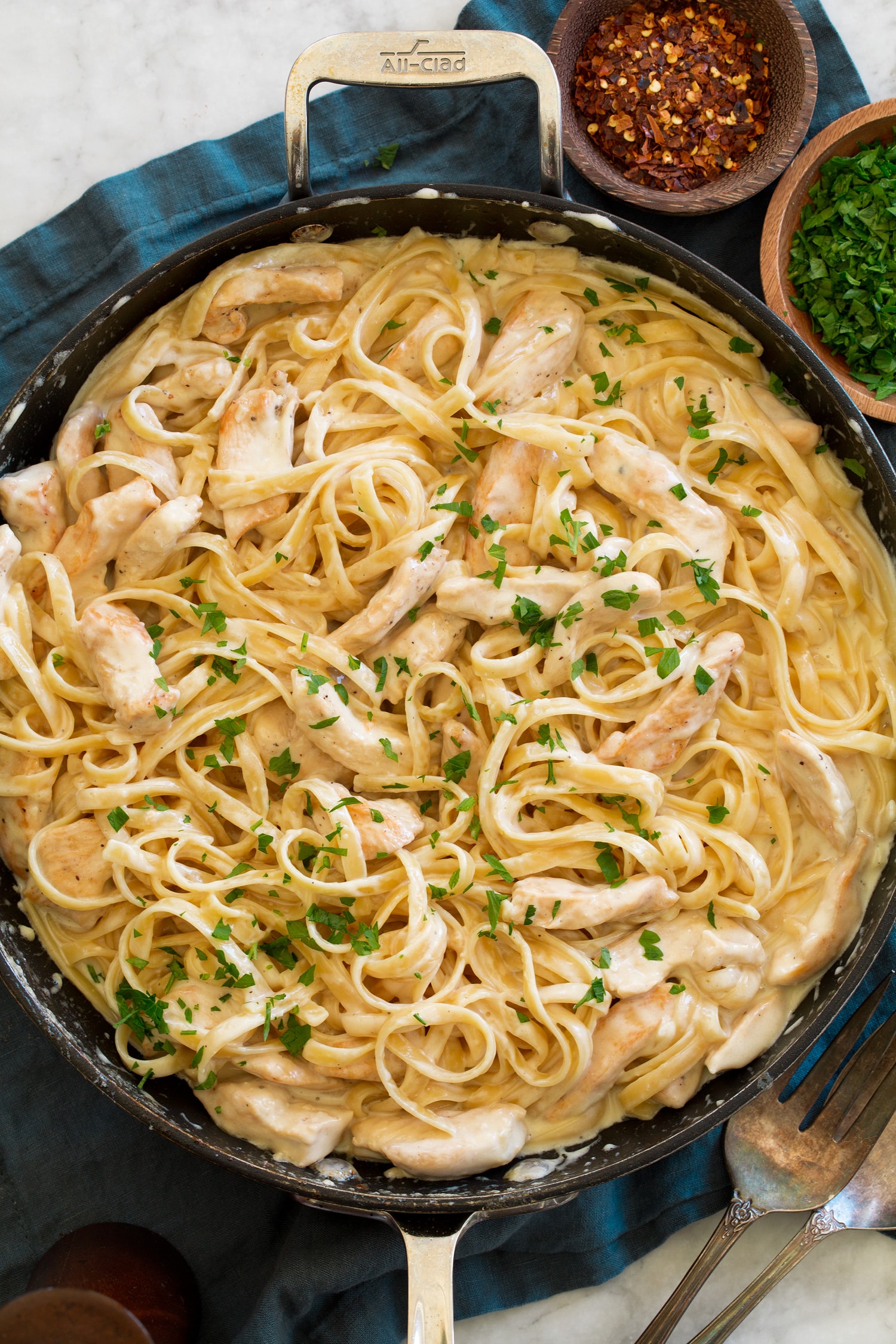 Chicken Alfredo Chicken alfredo in a large skillet.