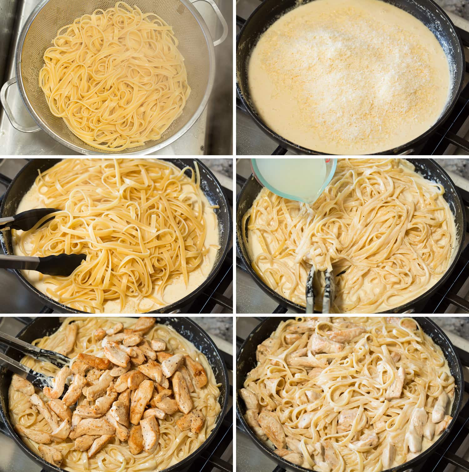 Chicken Alfredo Continued steps of making chicken alfredo in skillet.