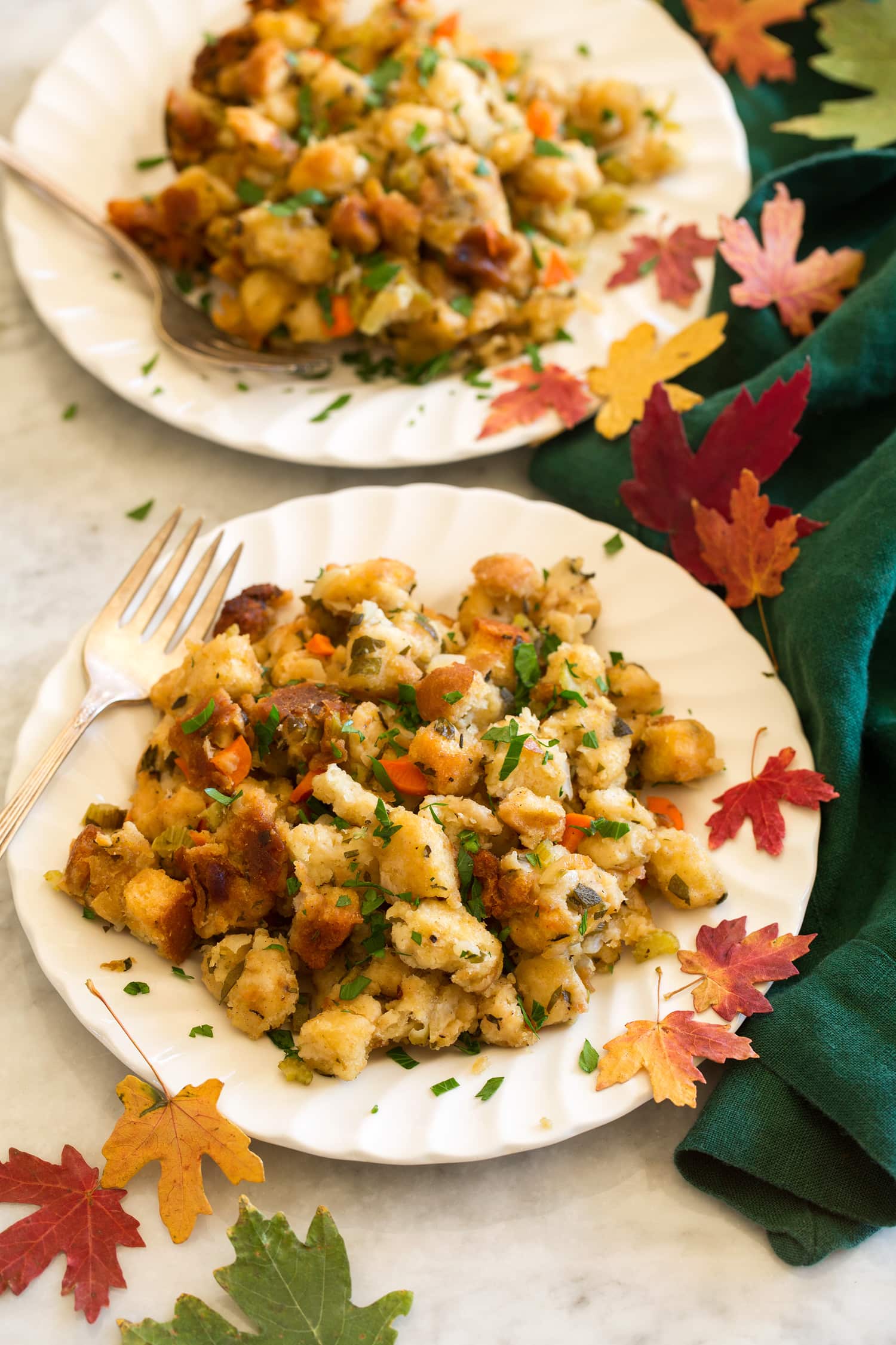 Two servings of homemade slow cooker stuffing.