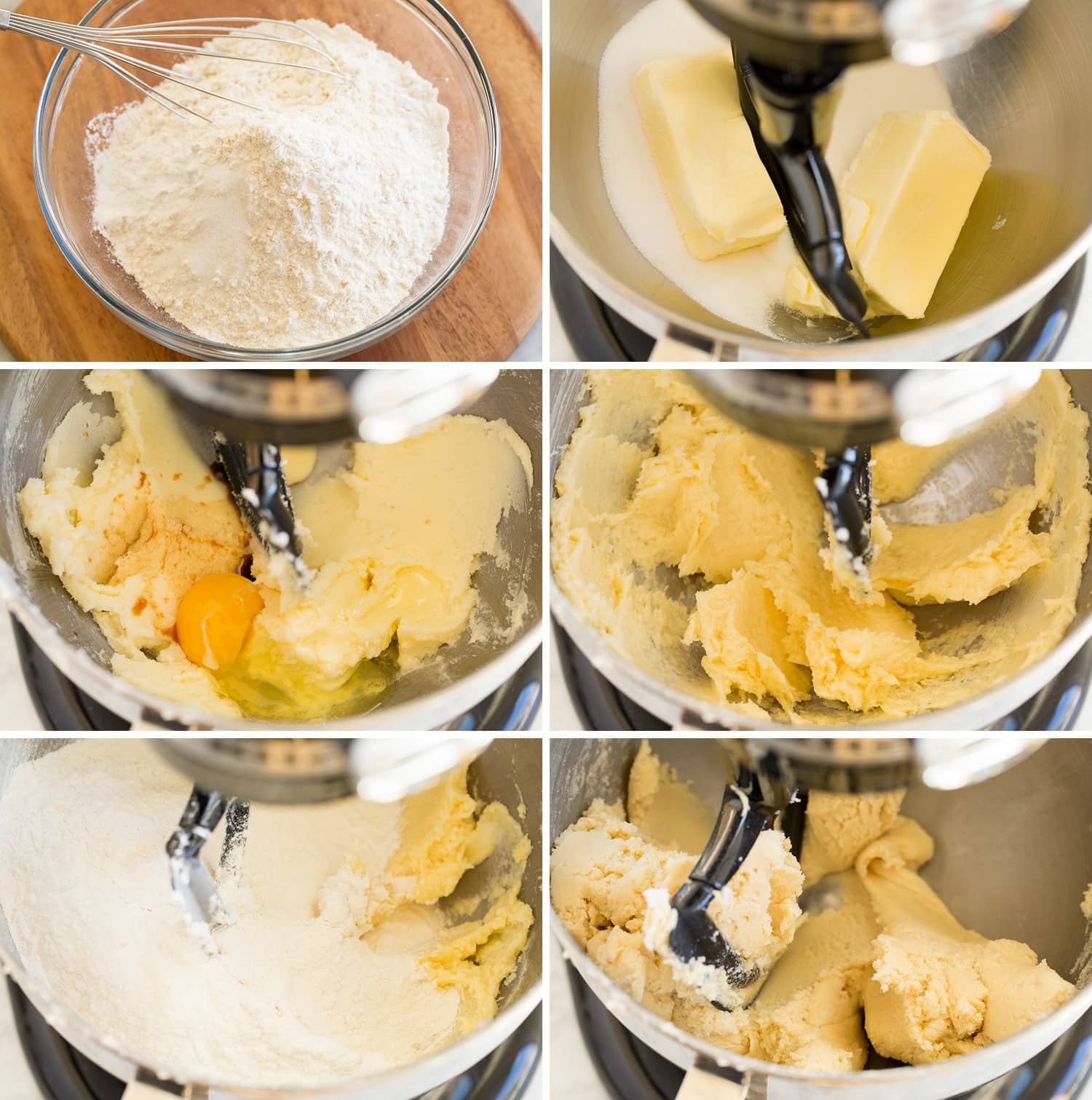 Cutout Sugar Cookies Collage of photos showing how to make cutout sugar cookie dough in a stand mixer bowl.