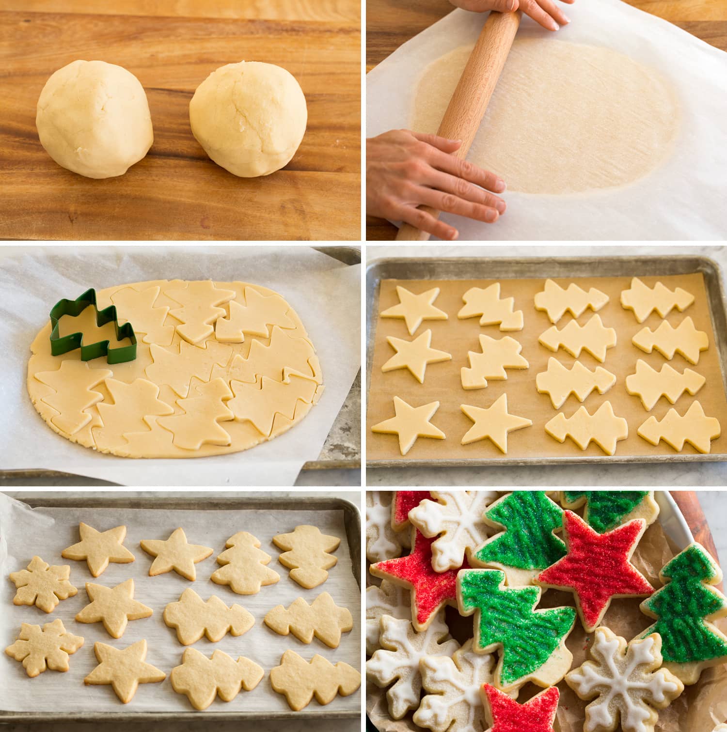 Cutout Sugar Cookies Collage of six photos showing how to roll, cut and bake sugar cookies.
