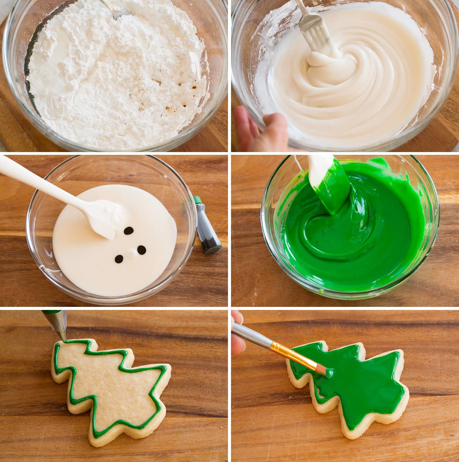 Sugar Cookie Icing Collage of six photos showing how to make sugar cookie icing with powdered sugar, milk, corn syrup and extracts. Shown mixing in a glass bowl, tinting with food coloring and piping over cookie.
