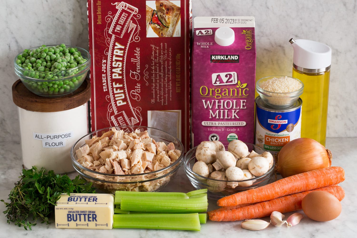 Chicken Pot Pie with Puff Pastry Ingredients needed to make puff pastry chicken pot pie.