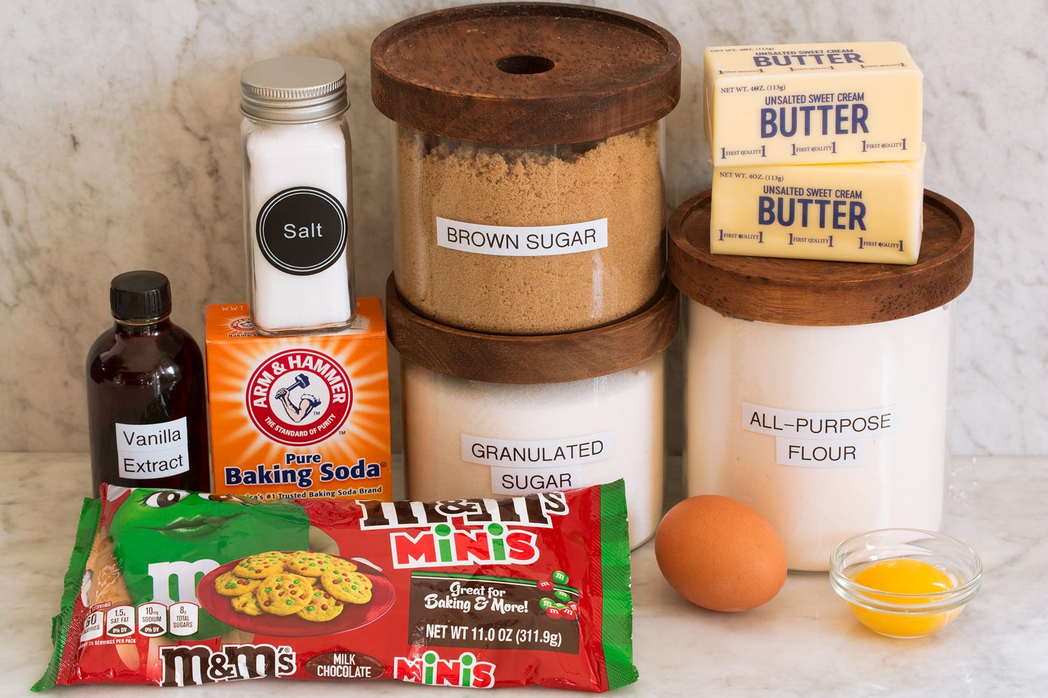 M&M Cookies Ingredients needed to make M&M cookies from scratch.