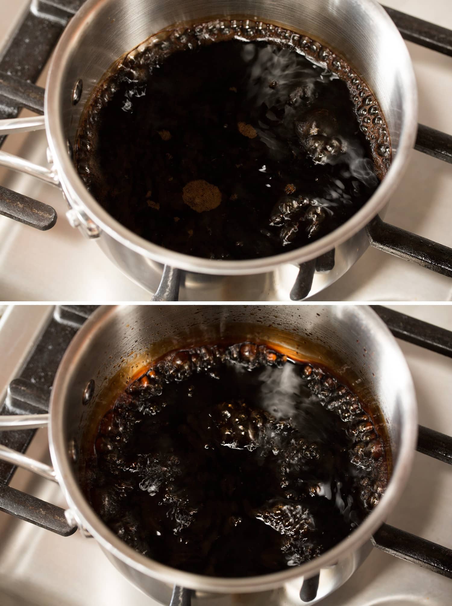 Balsamic Glaze Showing how to simmer balsamic vinegar in a saucepan on the stovetop to reduce to balsamic glaze.