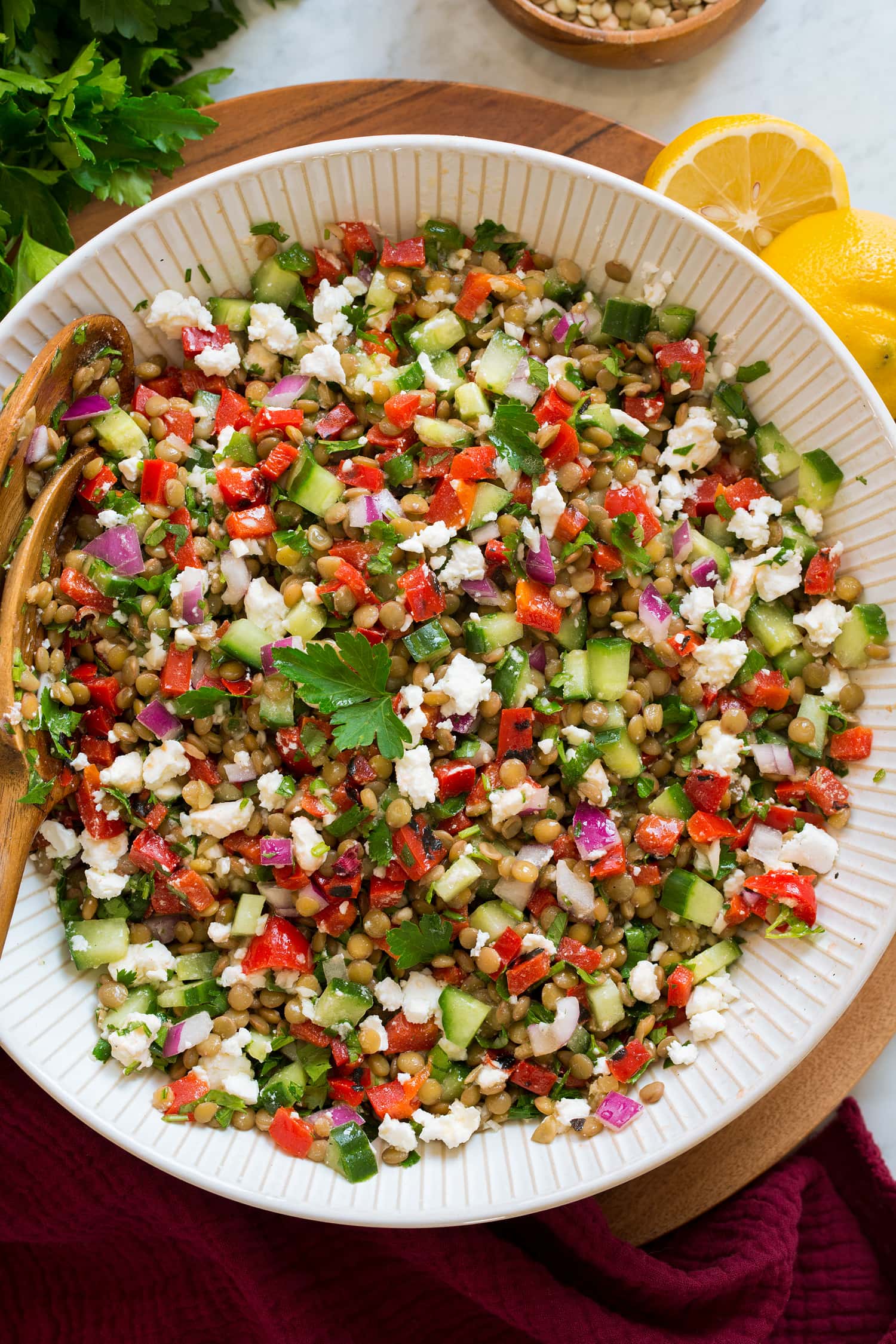 Lentil Salad Overhead photo of lentil salad in a large serving bowl.