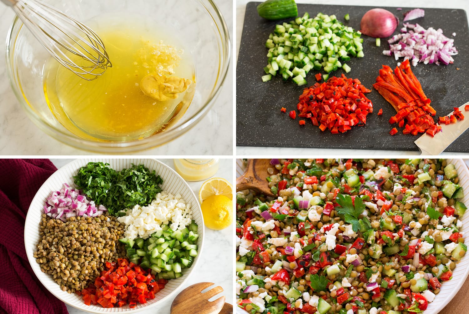 Lentil Salad Making dressing and chopping ingredients for lentil salad.