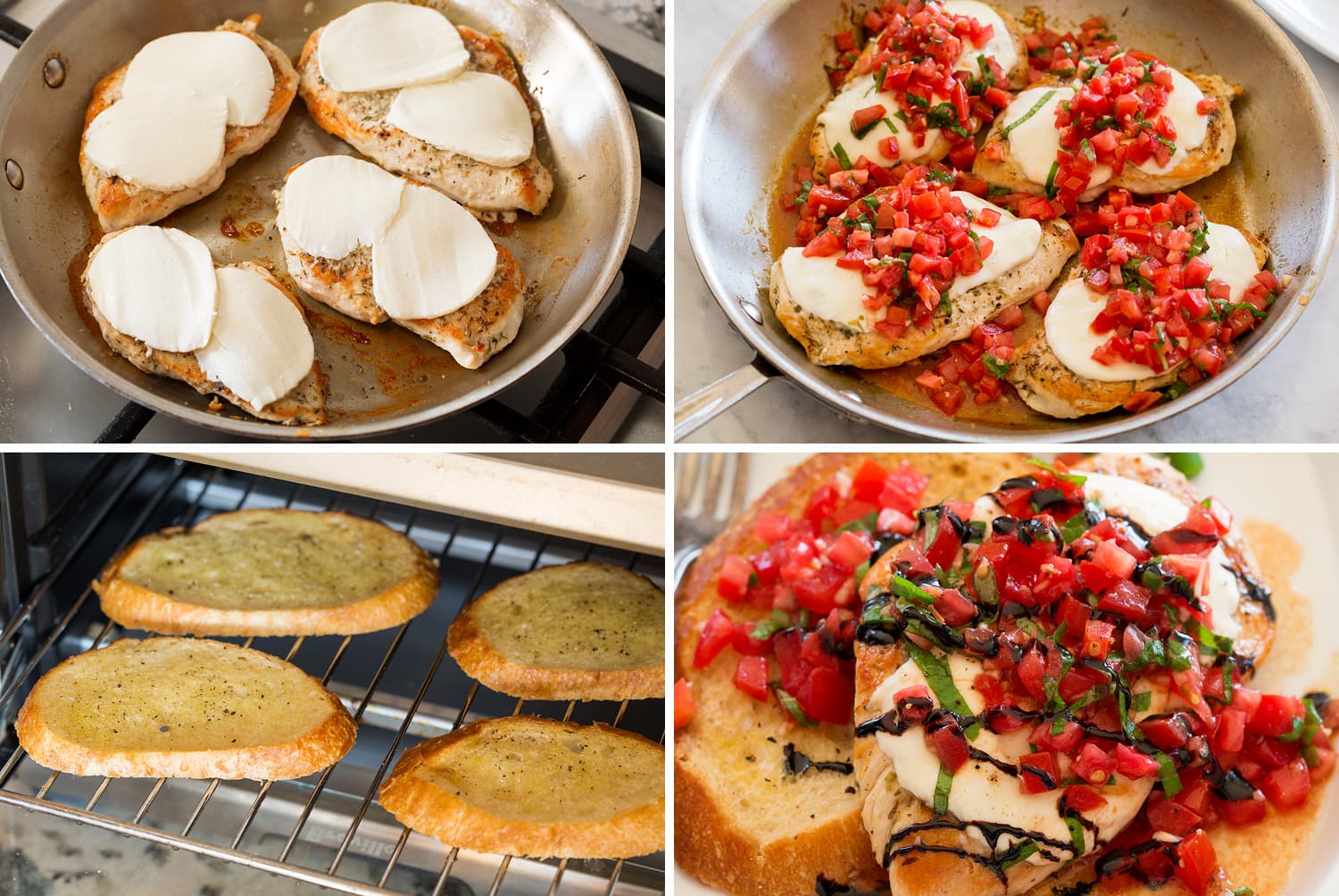 Bruschetta Chicken Steps of topping chicken breasts with fresh mozzarella, bruschetta and toasting baguette.