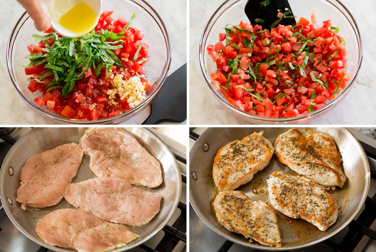 Bruschetta Chicken Steps to making fresh tomato bruschetta and pan searing chicken breasts.