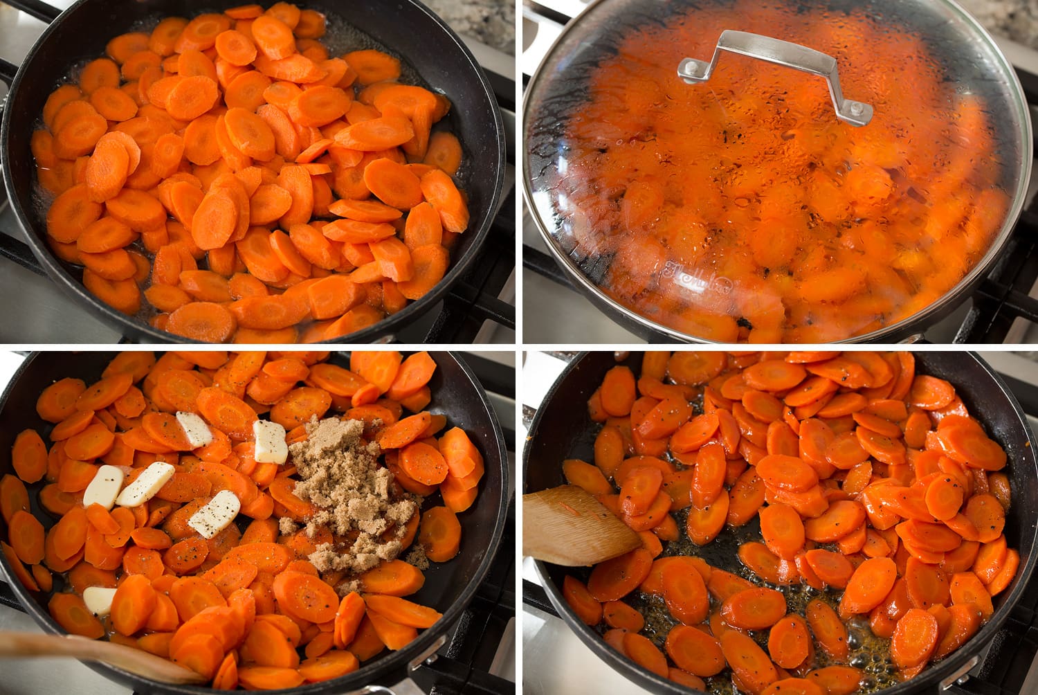 Glazed Carrots Collage of four steps showing how to make sauteed glazed carrots in a skillet.
