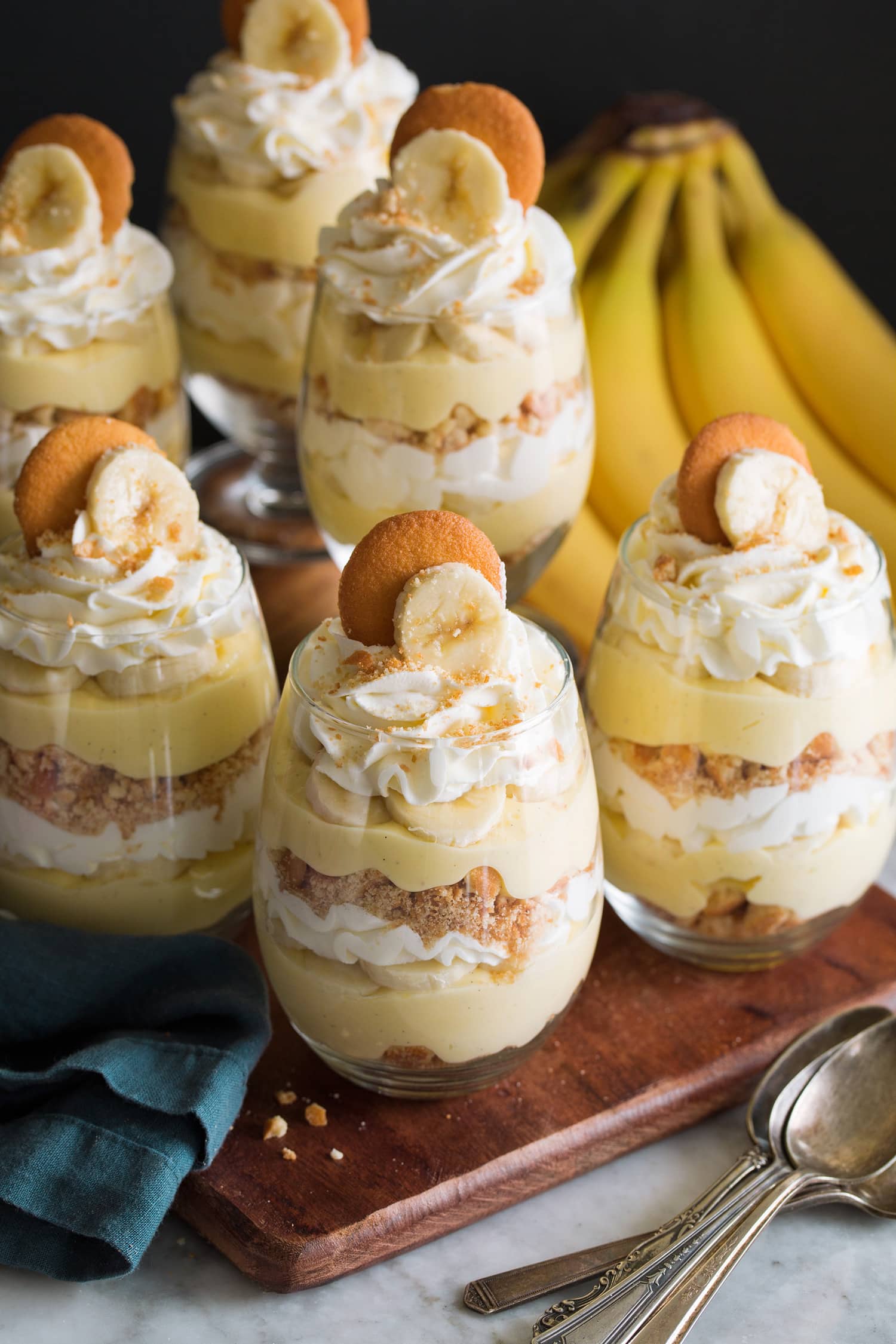Banana Pudding Glass cups of layered banana pudding.
