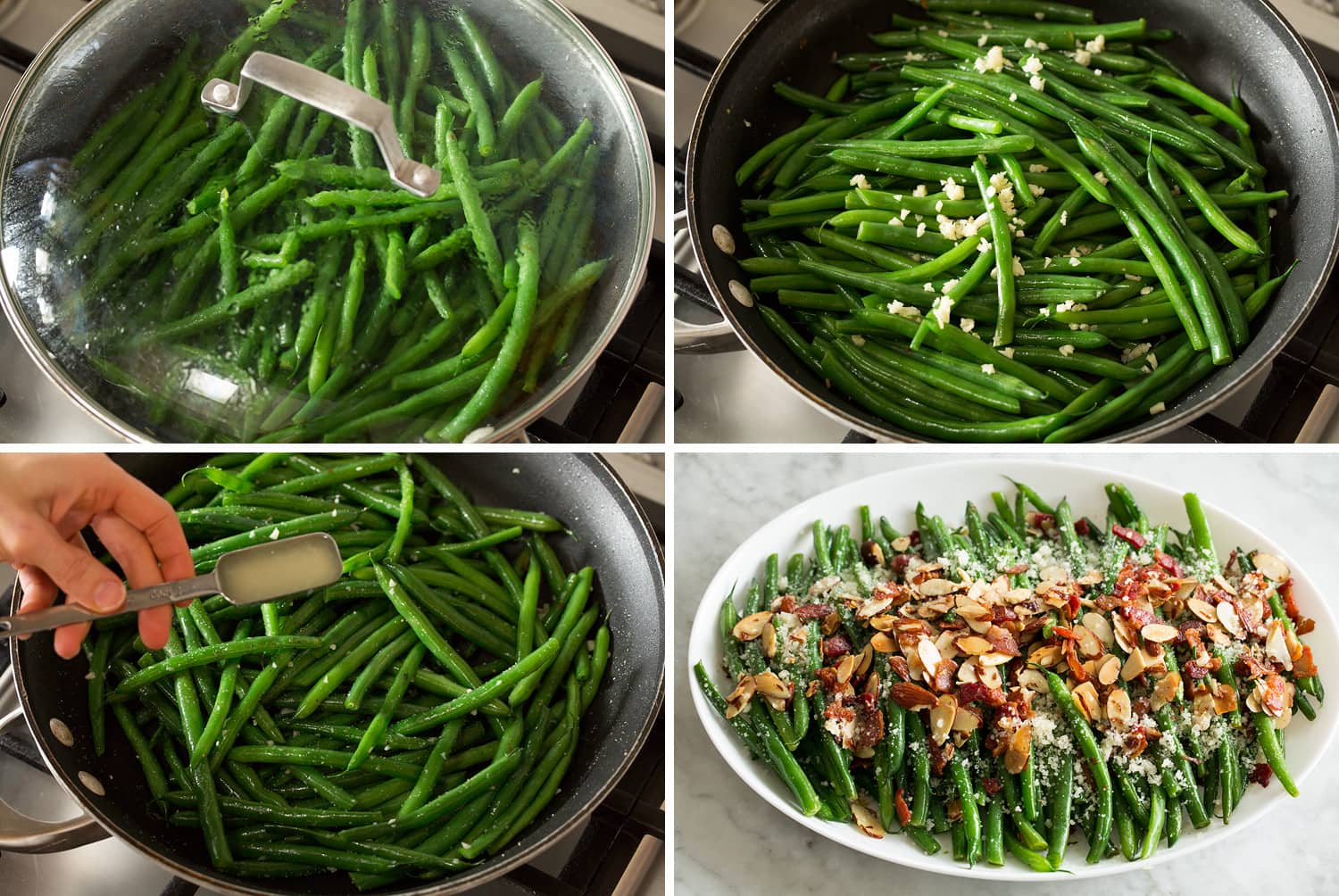 Green Bean Almondine Four photos showing how to saute green beans and assemble green bean almondine.