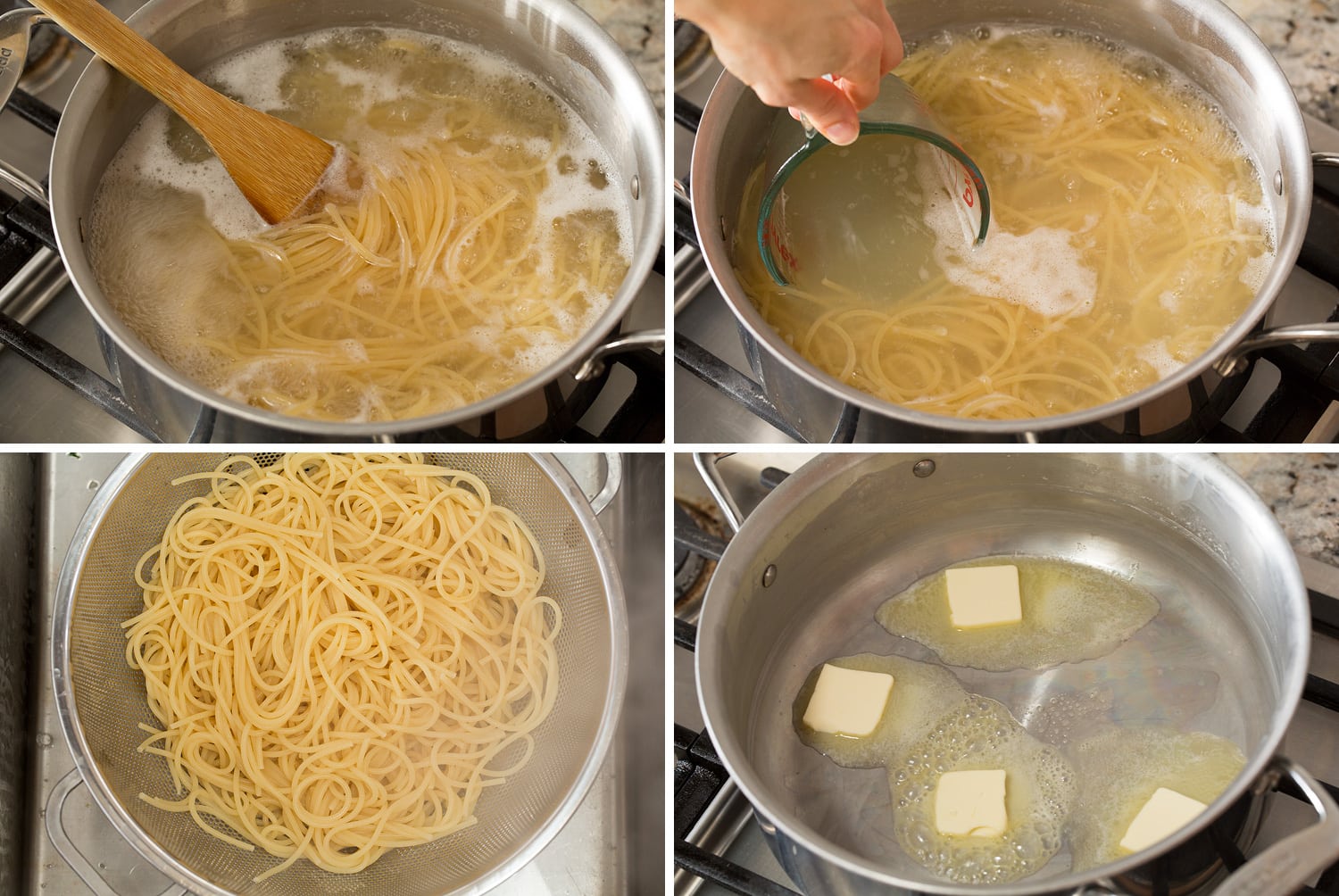 Garlic Parmesan Pasta Steps to boiling spaghetti in pot, reserving pasta water and draining in colander.