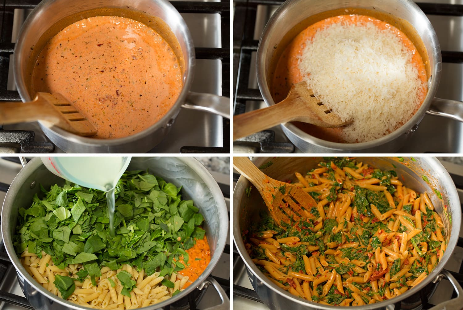 Pasta being tossed with sun dried tomato sauce and spinach.