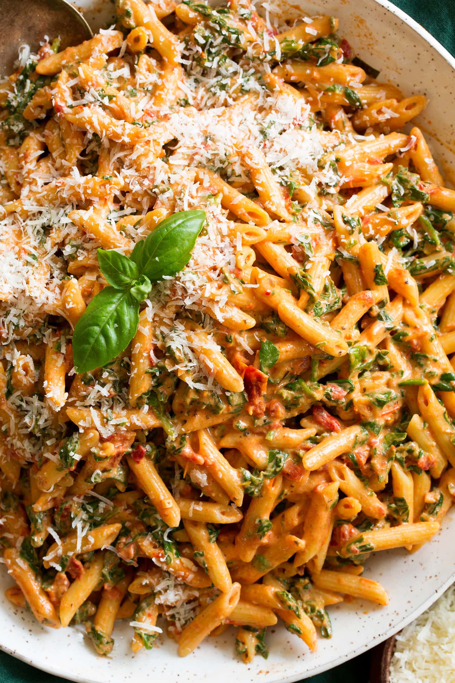 Sun Dried Tomato Pasta shown close up overhead.
