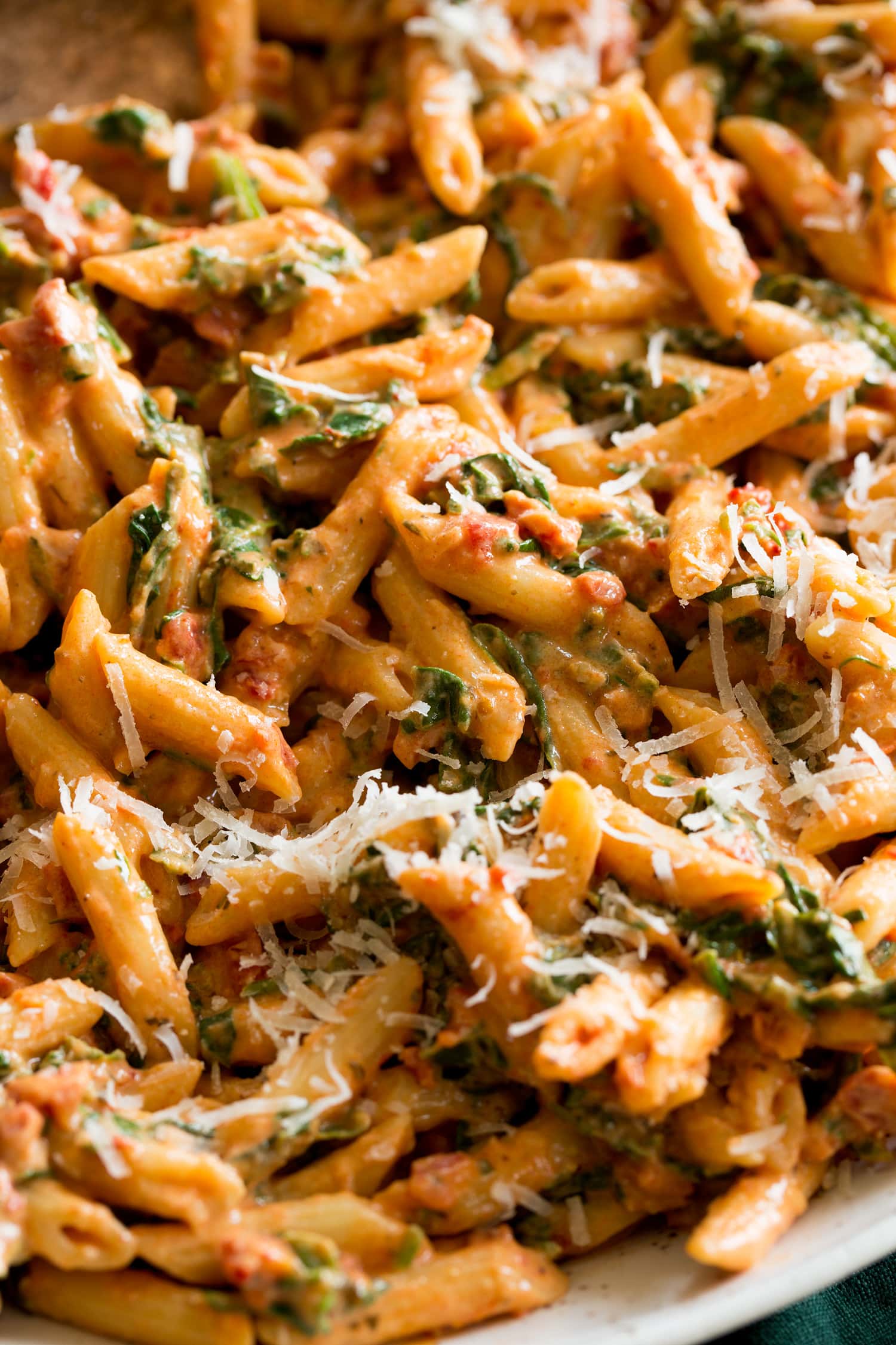 Sun dried tomato pasta shown from side angle.