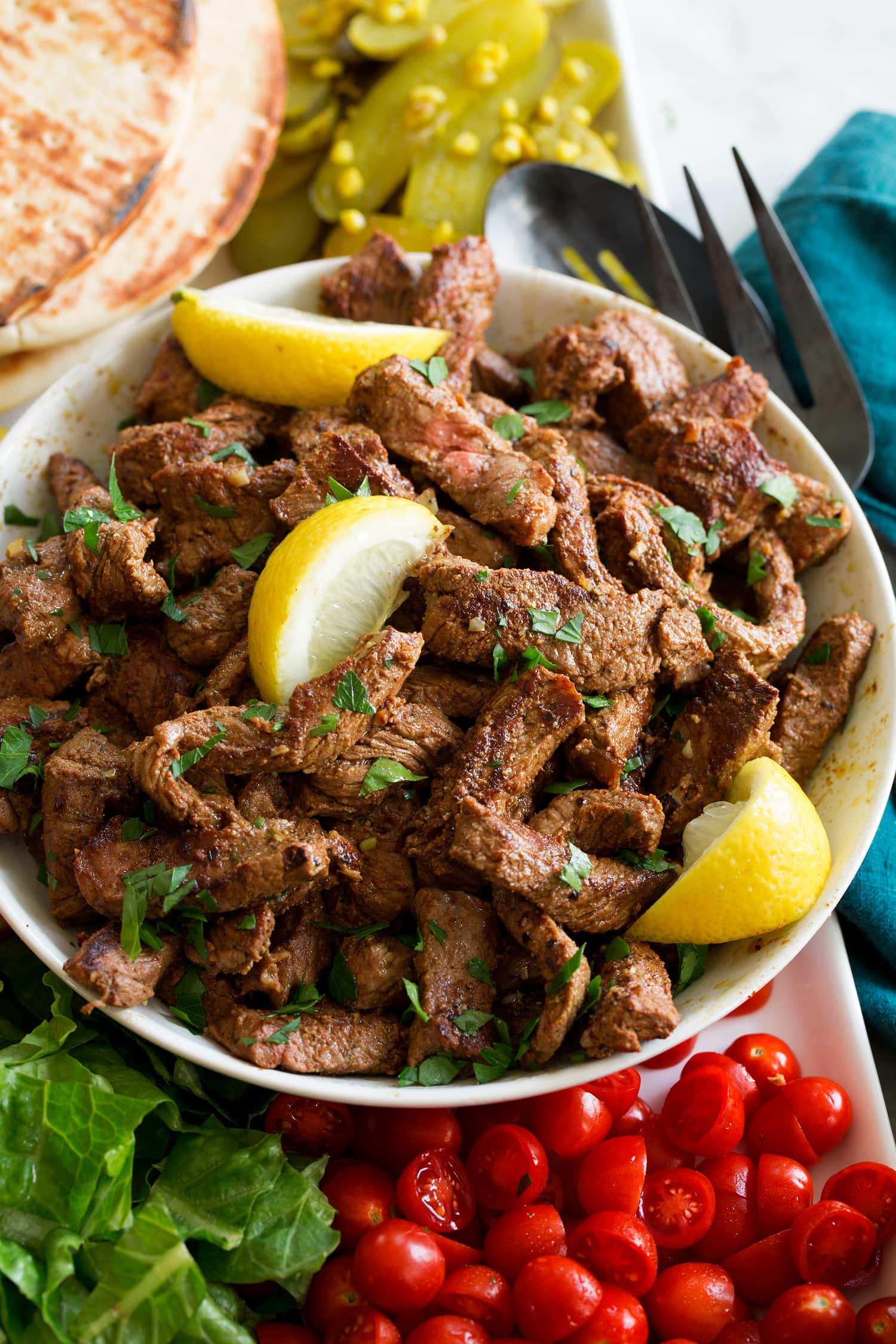 Close up photo of beef shawarma steak strips.