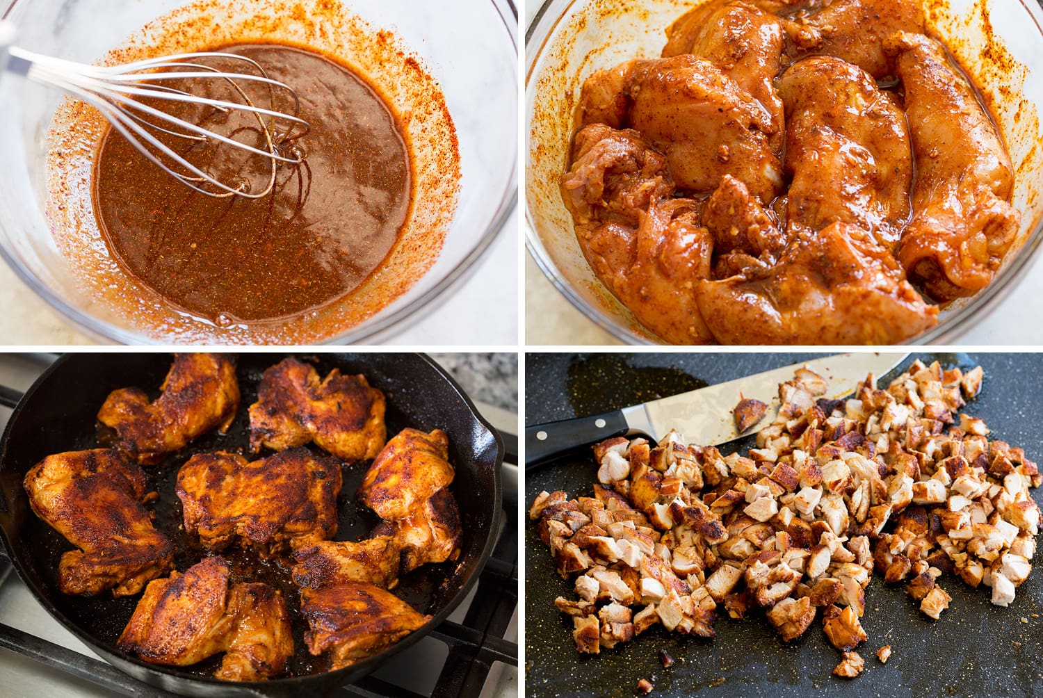 Chicken Burrito Bowls Making burrito chicken marinade, pan searing and chopping.