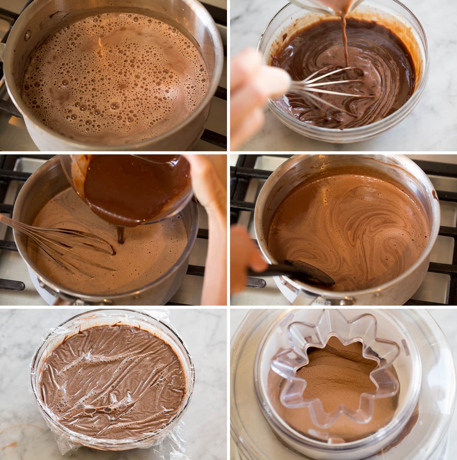 Homemade Chocolate Ice Cream Continued steps of making homemade chocolate ice cream in pan and ice cream maker.