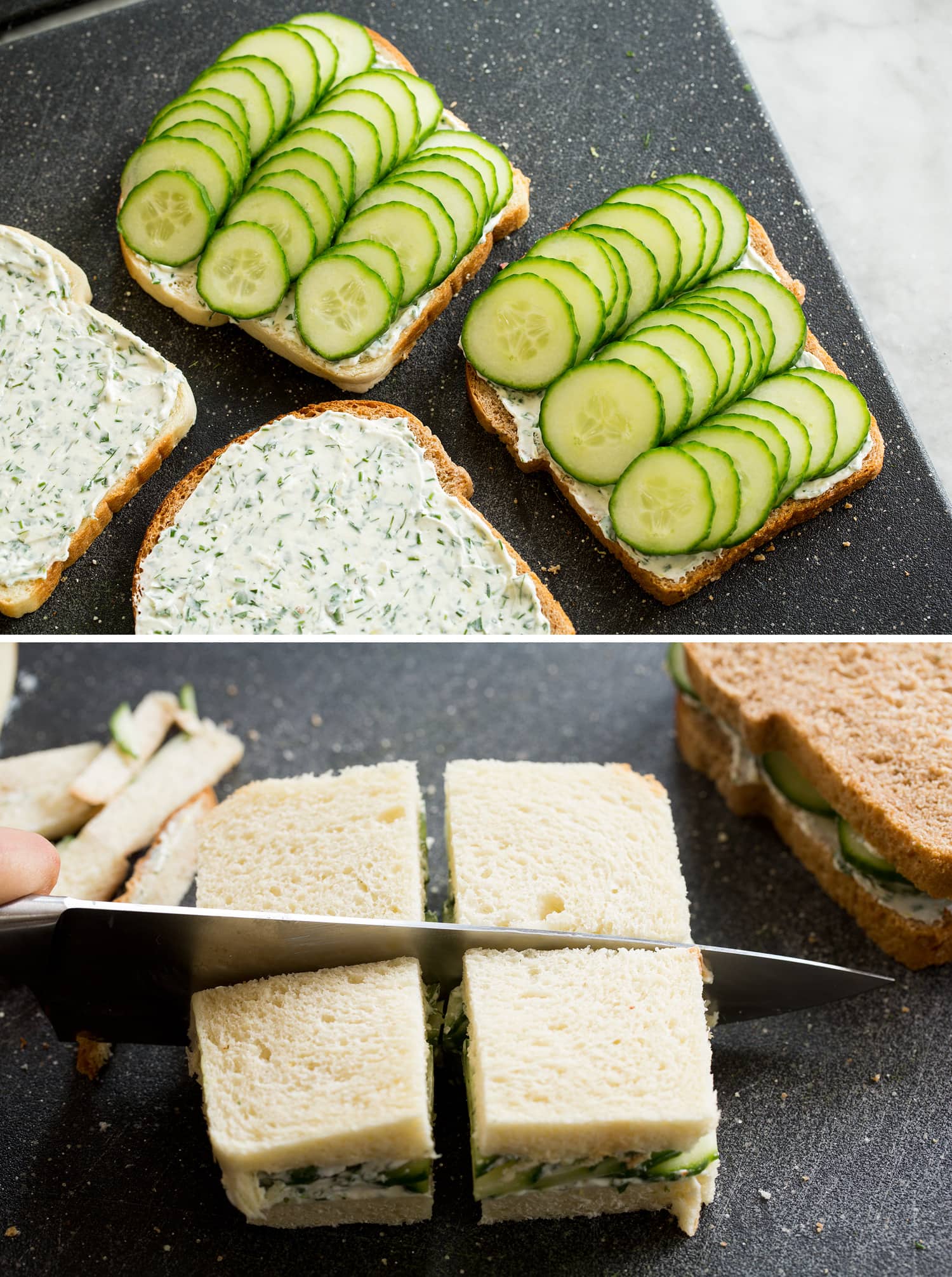 Cucumber Sandwiches Toppings sandwiches with cucumbers and slicing.