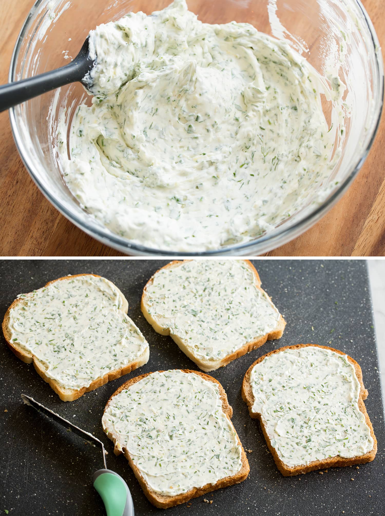 Cucumber Sandwiches Spreading cream cheese filling on sandwiches.