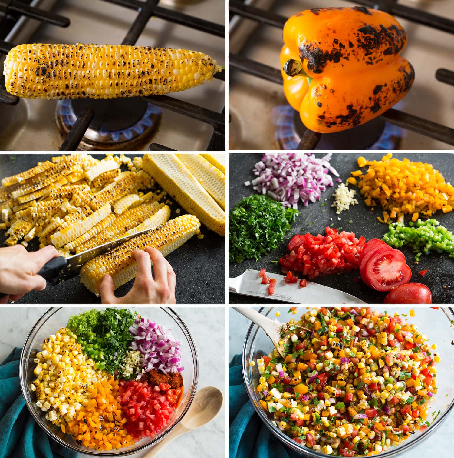 Corn Salsa Collage of six steps showing how to make fresh corn salsa.