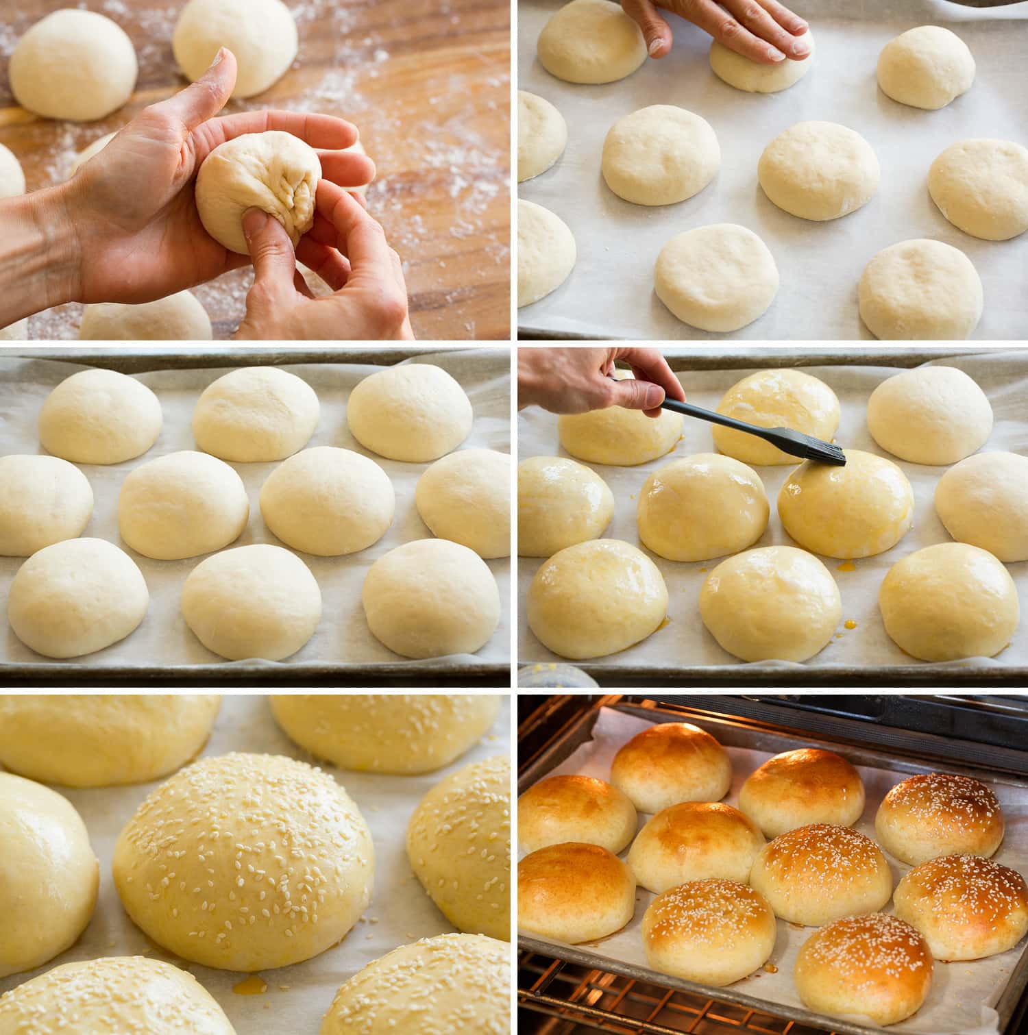 Steps of shaping and rising hamburger buns.